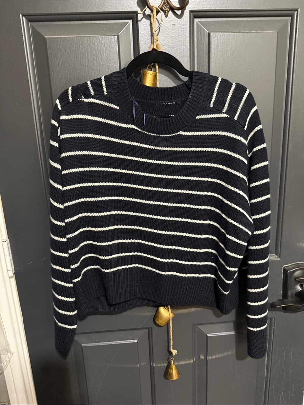 Tahari Navy and White Striped Crewneck Sweater